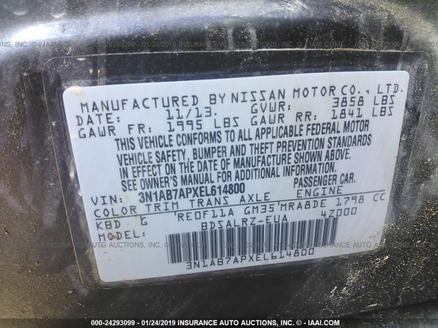 3N1AB7APXEL614800 - 2014 NISSAN SENTRA S/SV/SR/SL GRAY photo 9