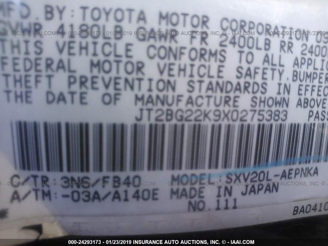 JT2BG22K9X0275383 - 1999 TOYOTA CAMRY LE/XLE 勃艮第红 照片 9