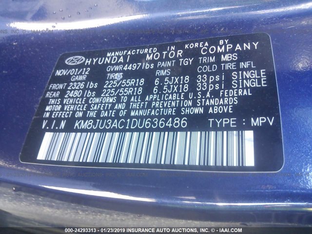 KM8JU3AC1DU636486 - 2013 HYUNDAI TUCSON GLS/LIMITED 蓝色 照片 9