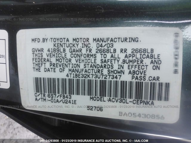 4T1BE32K73U727347 - 2003 TOYOTA CAMRY LE/XLE/SE GREEN photo 9