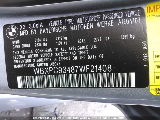 WBXPC93487WF21408 - 2007 BMW X3 3.0SI SILVER photo 9