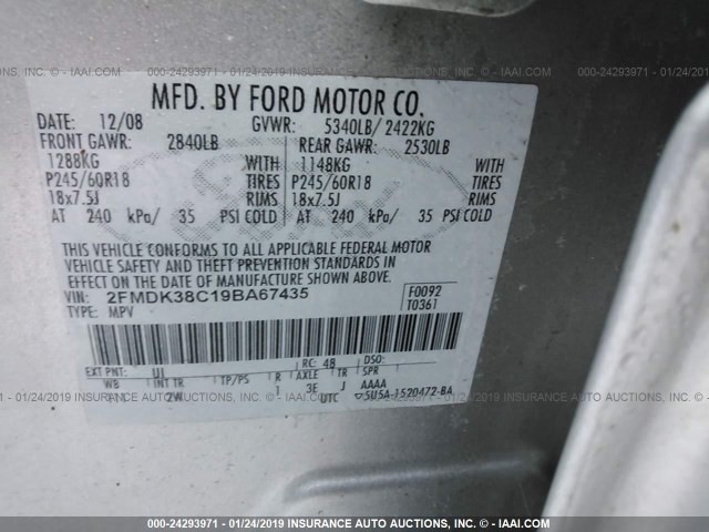 2FMDK38C19BA67435 - 2009 FORD EDGE SEL SILVER photo 9