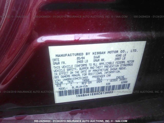 1N4BA41E84C913493 - 2004 NISSAN MAXIMA SE/SL MAROON photo 9