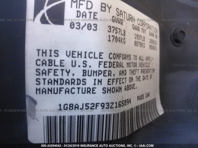 1G8AJ52F93Z165894 - 2003 SATURN ION LEVEL 2 GOLD photo 9