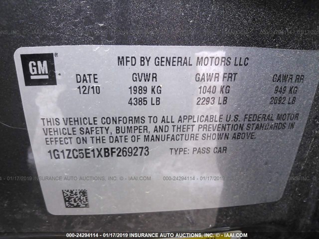 1G1ZC5E1XBF269273 - 2011 CHEVROLET MALIBU 1LT GRAY photo 9