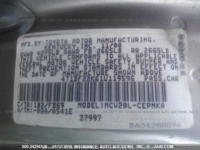 4T1BF22K61U119596 - 2001 TOYOTA CAMRY LE/XLE GRAY photo 9