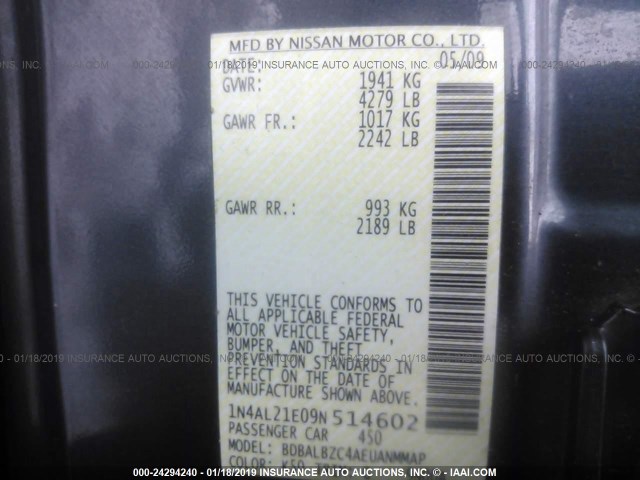 1N4AL21E09N514602 - 2009 NISSAN ALTIMA 2.5/2.5S GRAY photo 9