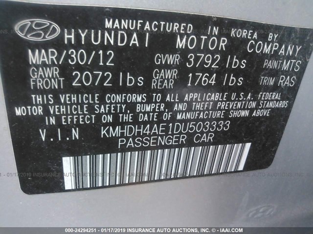 KMHDH4AE1DU503333 - 2013 HYUNDAI ELANTRA GLS/LIMITED SILVER photo 9