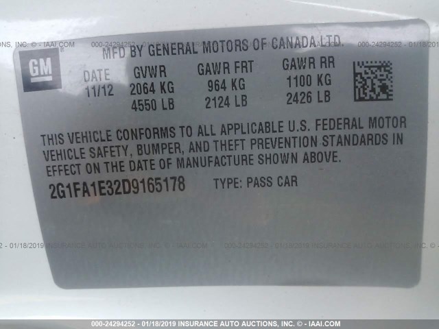 2G1FA1E32D9165178 - 2013 CHEVROLET CAMARO LS WHITE photo 9