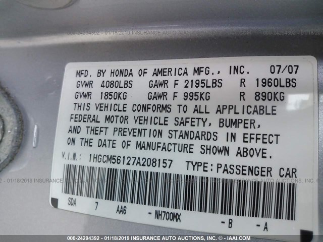 1HGCM56127A208157 - 2007 HONDA ACCORD VALUE GRAY photo 9