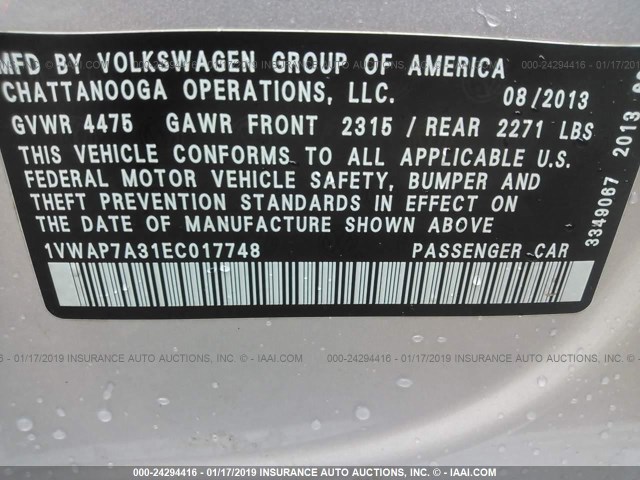 1VWAP7A31EC017748 - 2014 VOLKSWAGEN PASSAT S SILVER photo 9