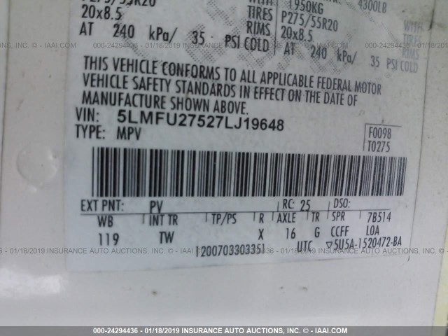 5LMFU27527LJ19648 - 2007 LINCOLN NAVIGATOR CREAM photo 9