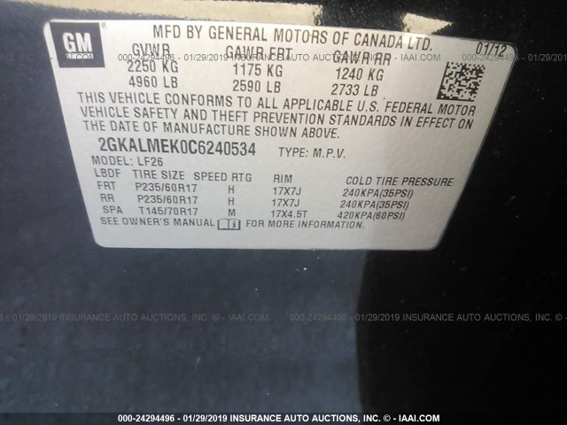 2GKALMEK0C6240534 - 2012 GMC TERRAIN SLE BLACK photo 9