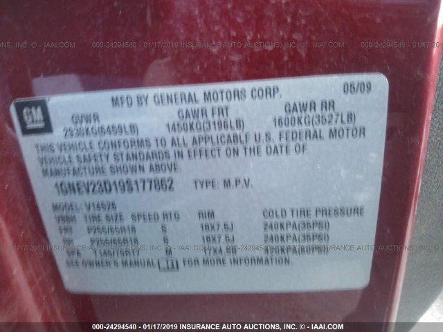 1GNEV23D19S177862 - 2009 CHEVROLET TRAVERSE LT RED photo 9