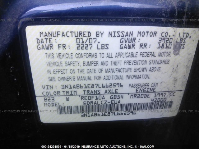 3N1AB61E87L662596 - 2007 NISSAN SENTRA 2.0/2.0S/2.0SL Navy photo 9