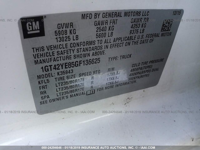 1GT42YE85GF136625 - 2016 GMC SIERRA Unknown photo 9