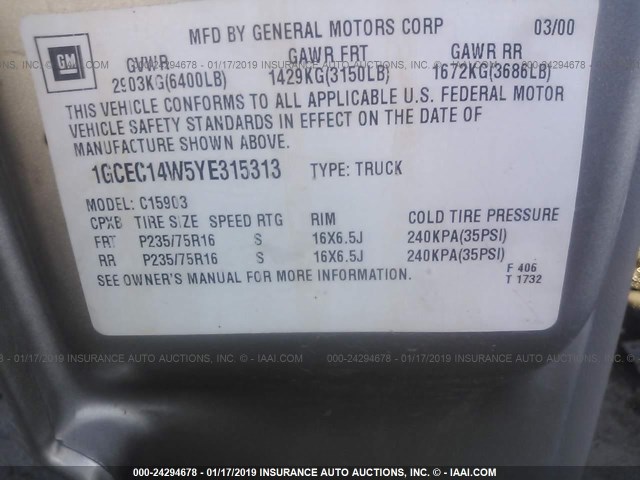 1GCEC14W5YE315313 - 2000 CHEVROLET SILVERADO C1500 SILVER photo 9