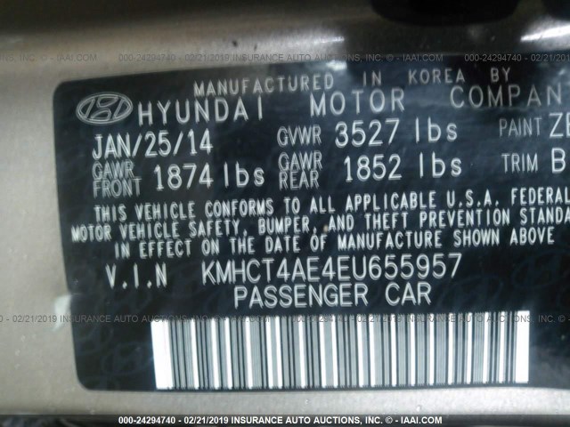 KMHCT4AE4EU655957 - 2014 HYUNDAI ACCENT GLS/GS BROWN photo 9