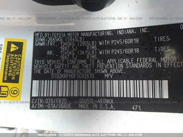 5TDZKRFH0FS092610 - 2015 TOYOTA HIGHLANDER LE/LE PLUS WHITE photo 9