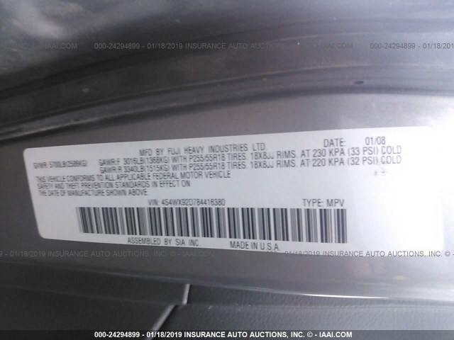 4S4WX92D784416380 - 2008 SUBARU TRIBECA LIMITED GRAY photo 9