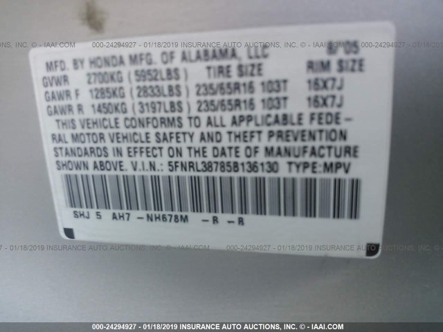 5FNRL38785B136130 - 2005 HONDA ODYSSEY EXL SILVER photo 9