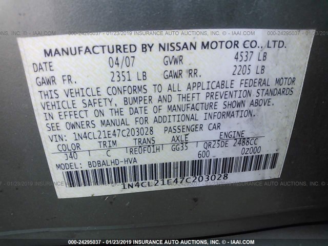 1N4CL21E47C203028 - 2007 NISSAN ALTIMA HYBRID GREEN photo 9