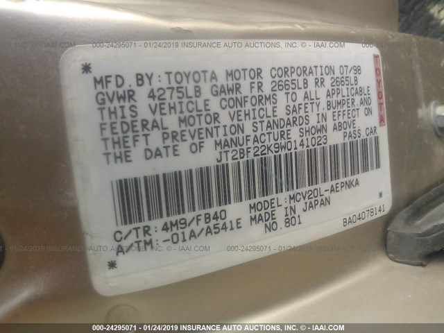 JT2BF22K9W0141023 - 1998 TOYOTA CAMRY CE/LE/XLE 金色 照片 9