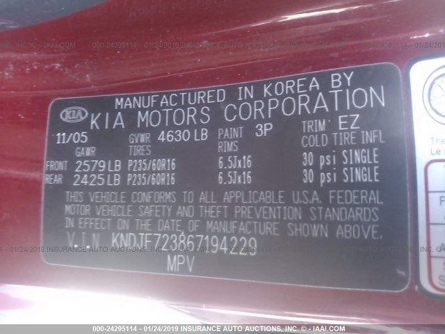 KNDJF723867194229 - 2006 KIA NEW SPORTAGE  RED photo 9