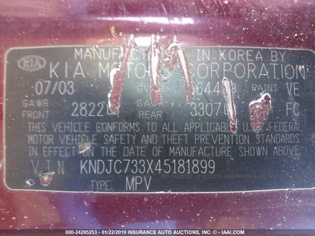 KNDJC733X45181899 - 2004 KIA SORENTO EX/LX BURGUNDY photo 9