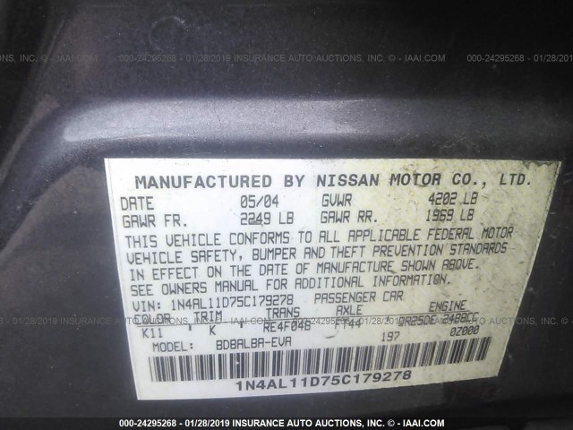1N4AL11D75C179278 - 2005 NISSAN ALTIMA S/SL GRAY photo 9