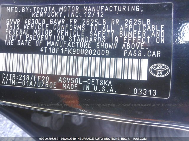 4T1BF1FK9CU202009 - 2012 TOYOTA CAMRY SE/LE/XLE 黑色 照片 9