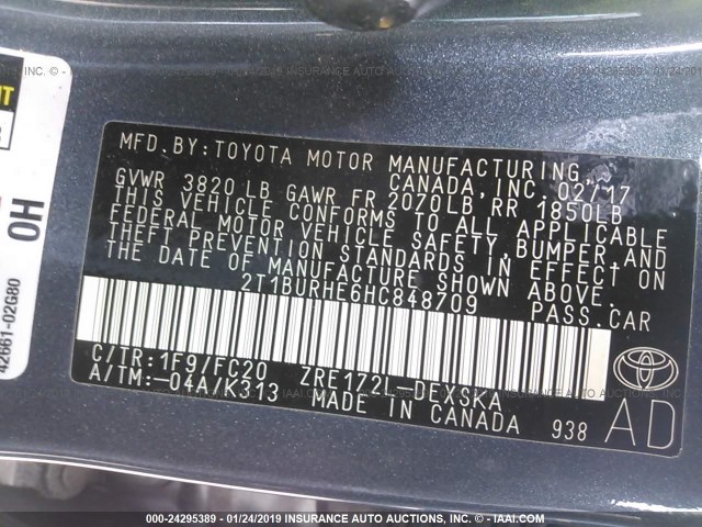 2T1BURHE6HC848709 - 2017 TOYOTA COROLLA L/LE/XLE/SE/XSE 蓝色 照片 9