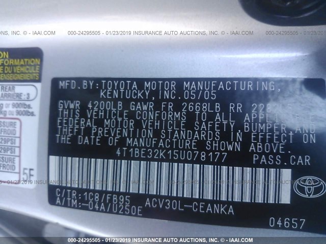 4T1BE32K15U078177 - 2005 TOYOTA CAMRY LE/XLE/SE SILVER photo 9