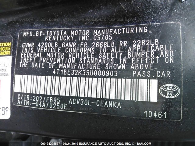 4T1BE32K35U080903 - 2005 TOYOTA CAMRY LE/XLE/SE BLACK photo 9