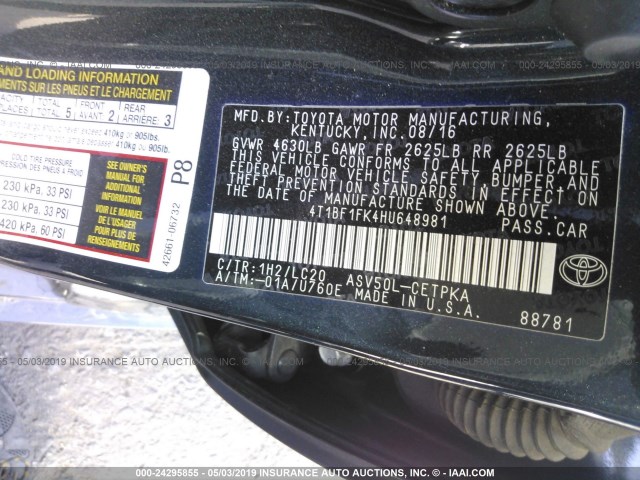 4T1BF1FK4HU648981 - 2017 TOYOTA CAMRY LE/XLE/SE/XSE Dark Blue photo 9