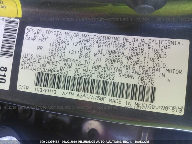 3TMJU4GN3AM098053 - 2010 TOYOTA TACOMA DOUBLE CAB PRERUNNER GRAY photo 9