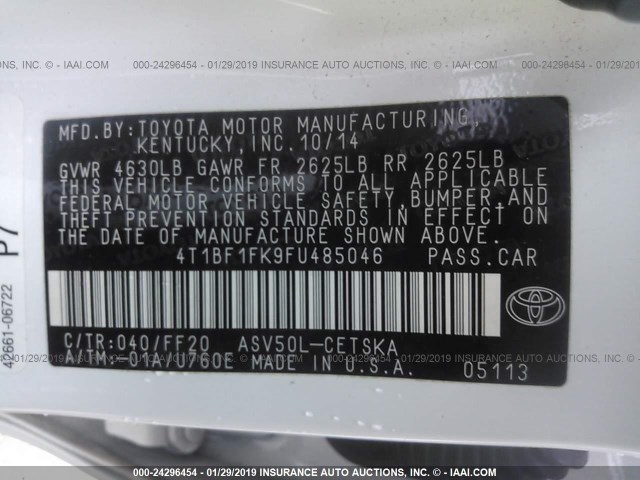 4T1BF1FK9FU485046 - 2015 TOYOTA CAMRY LE/XLE/SE/XSE WHITE photo 9