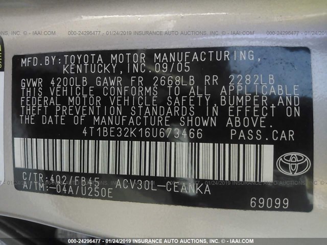 4T1BE32K16U673466 - 2006 TOYOTA CAMRY LE/XLE/SE GOLD photo 9