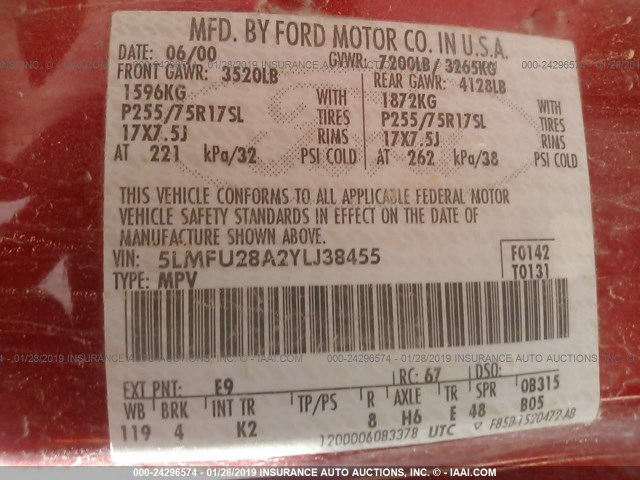 5LMFU28A2YLJ38455 - 2000 LINCOLN NAVIGATOR Қызыл фото 9