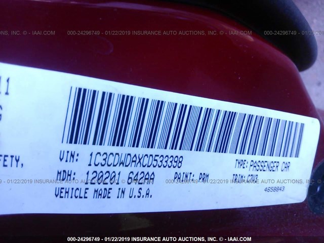 1C3CDWDAXCD533398 - 2012 DODGE CALIBER SXT RED photo 9