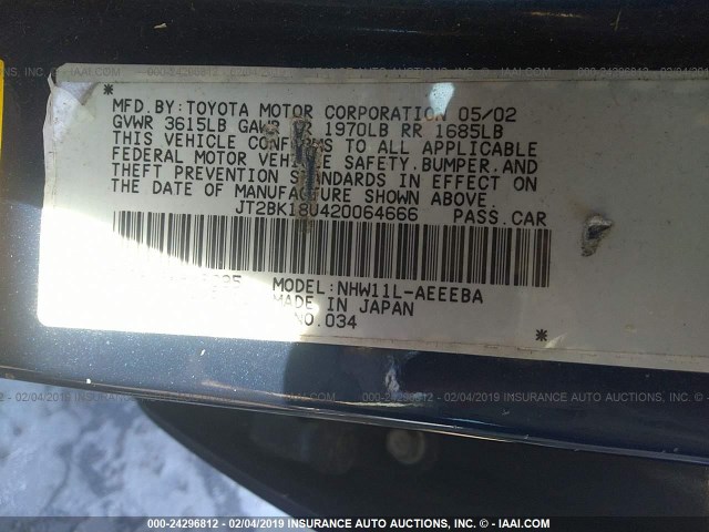 JT2BK18U420064666 - 2002 TOYOTA PRIUS BLUE photo 9