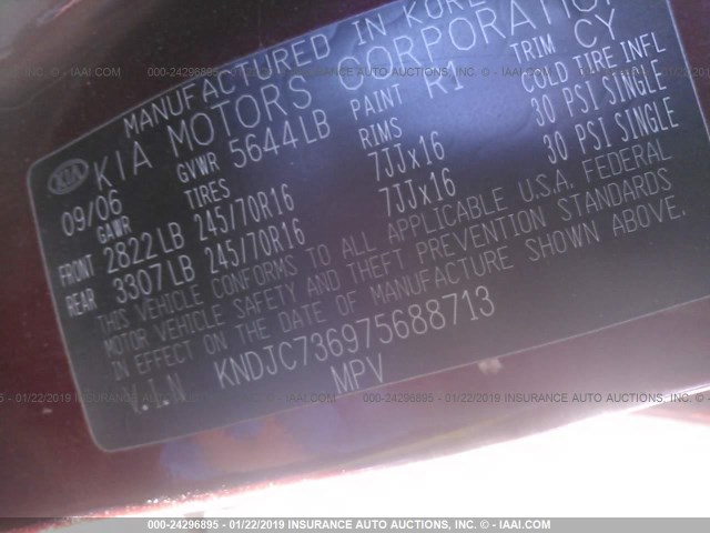 KNDJC736975688713 - 2007 KIA SORENTO EX/LX RED photo 9