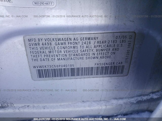 WVWEK73C56P040105 - 2006 VOLKSWAGEN PASSAT 2.0T LUXURY SILVER photo 9