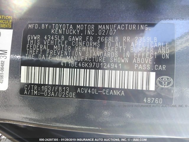 4T1BE46K97U124941 - 2007 TOYOTA CAMRY NEW GENERAT CE/LE/XLE/SE GRAY photo 9