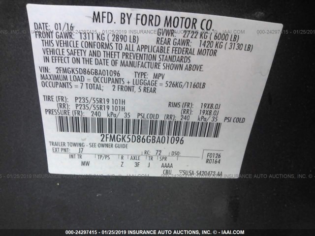 2FMGK5D86GBA01096 - 2016 FORD FLEX LIMITED GRAY photo 9