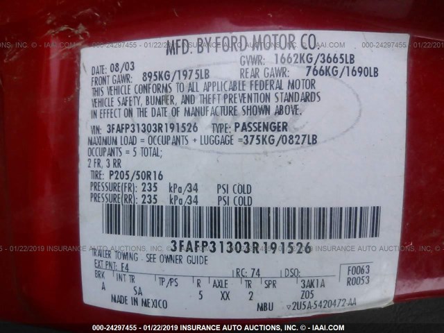 3FAFP31303R191526 - 2003 FORD FOCUS ZX3 RED photo 9