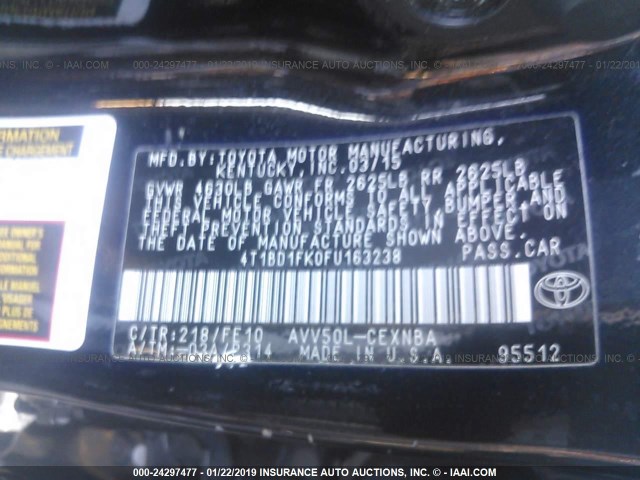 4T1BD1FK0FU163238 - 2015 TOYOTA CAMRY HYBRID/LE/XLE/SE BLACK photo 9