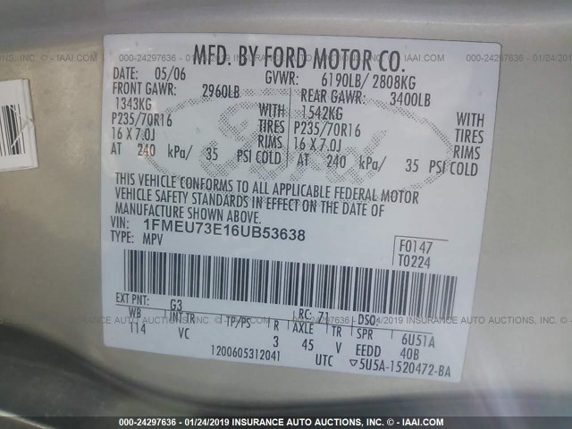 1FMEU73E16UB53638 - 2006 FORD EXPLORER XLT BEIGE photo 9