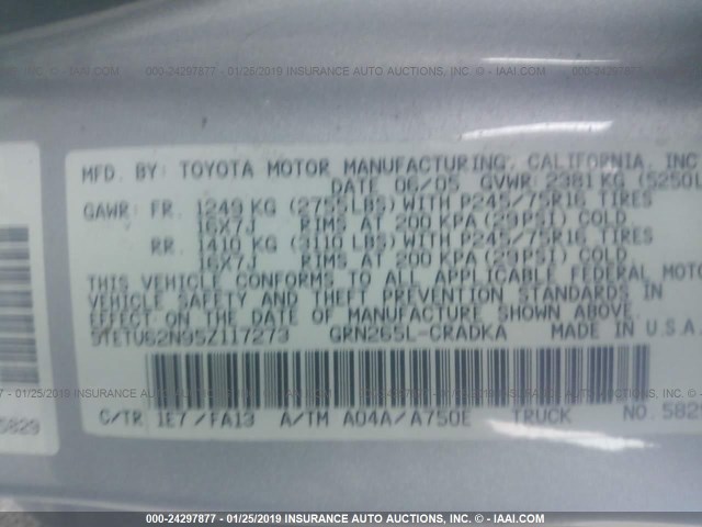 5TETU62N95Z117273 - 2005 TOYOTA TACOMA PRERUNNER ACCESS CAB SILVER photo 9