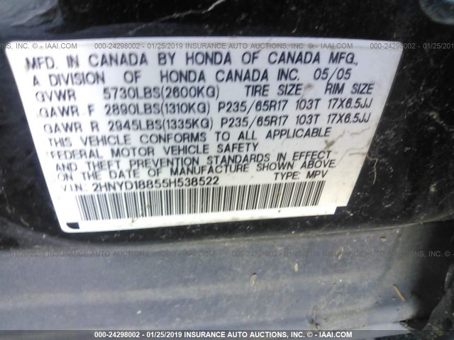 2HNYD18855H538522 - 2005 ACURA MDX TOURING BLACK photo 9